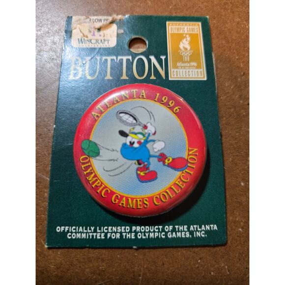 WinCraft 1996 Atlanta Olympics Izzy Tennis 1.5" Button Pin Games Collection - Picture 1 of 4